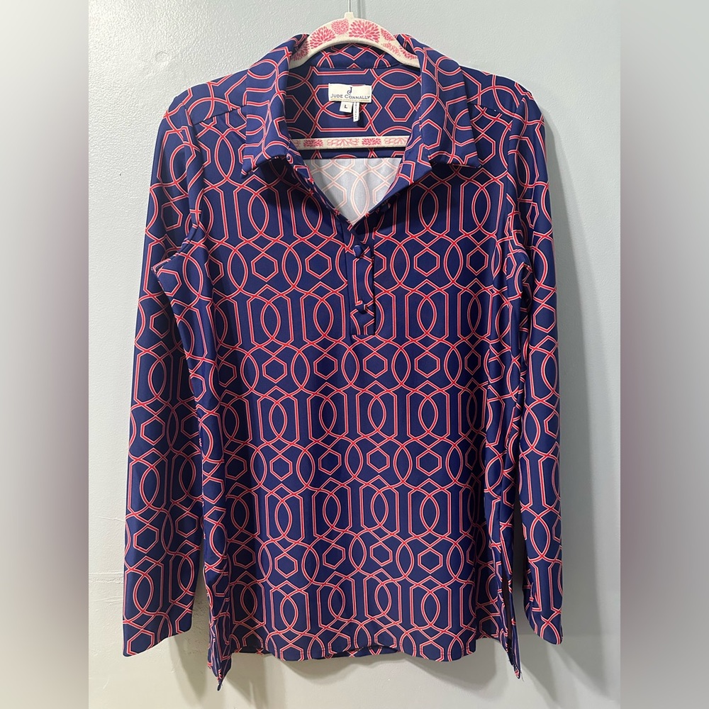 JUDE CONNALLY Long Sleeve Tunic Top‎ Geometric Blue Red White Women’s Size Large